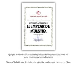 Diploma Título Gestión Administrativa y Auxiliar en el Área de Laboratorio Clínico Formación Universitaria - Universidad Nebrija