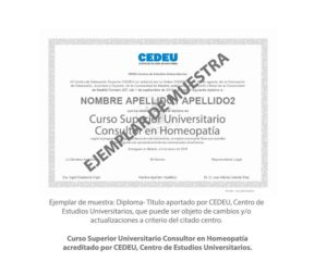 Diploma Título Curso Superior Universitario Consultor en Homeopatía acreditado por CEDEU, Centro de Estudios Universitarios
